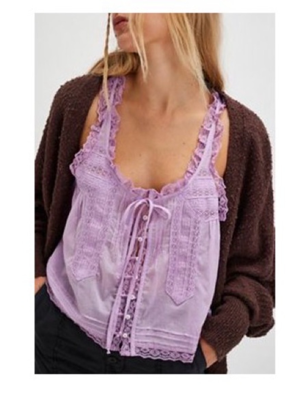 Free People Fairy Wash Lavender Lace-Trim Camisole